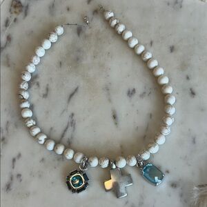 Elegant White Beaded Necklace with Silver and Blue Crystal Myka Pendants